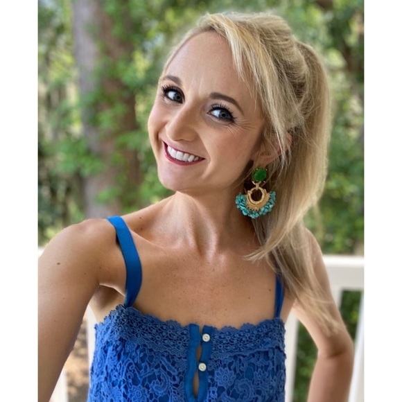 NWT Earrings Gold + Turquoise + Green Boho Hoops Stone - Picture 3 of 7